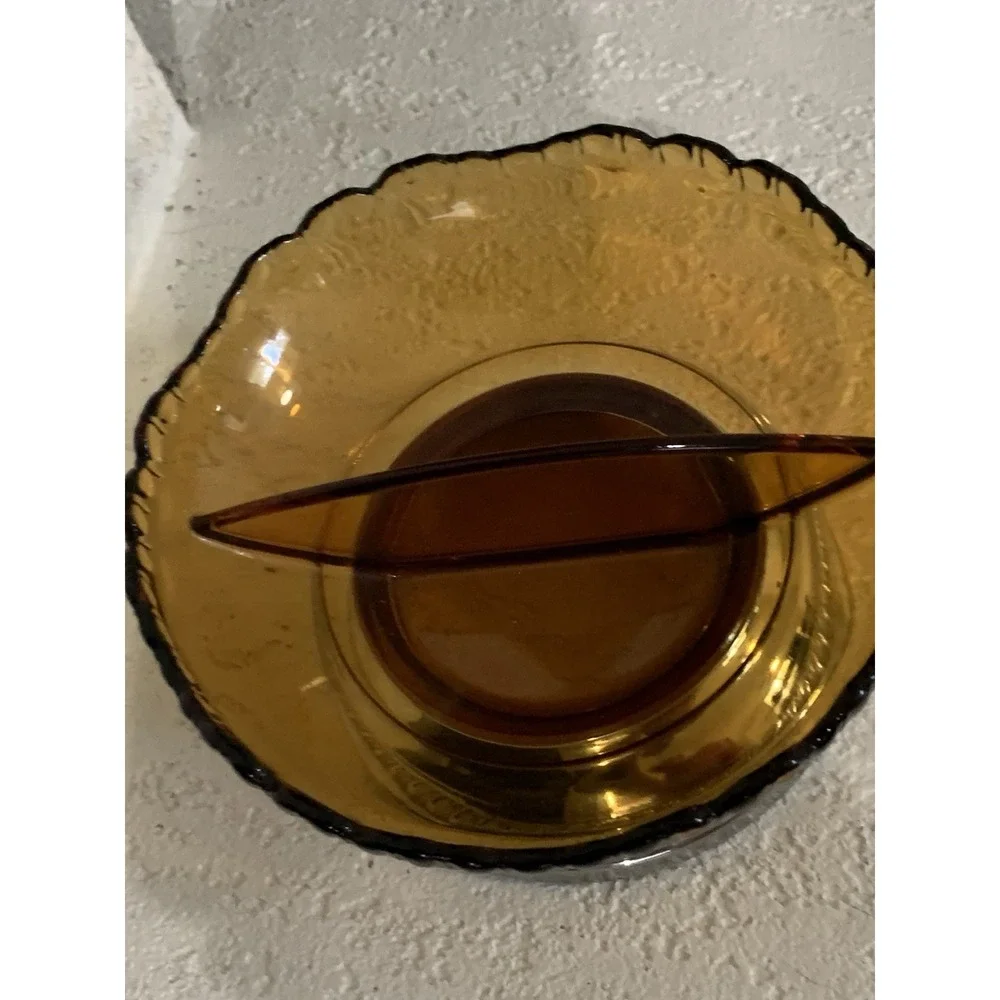 Art Deco Farber Bros. Krome-Kraft Divided Amber Glass Silver Candy Dish Bowl
